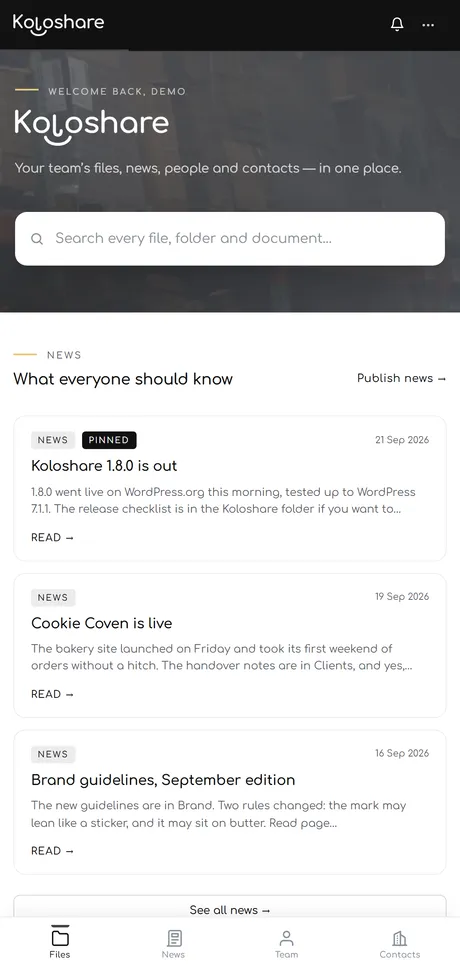 The Koloshare homepage and file browser on a phone