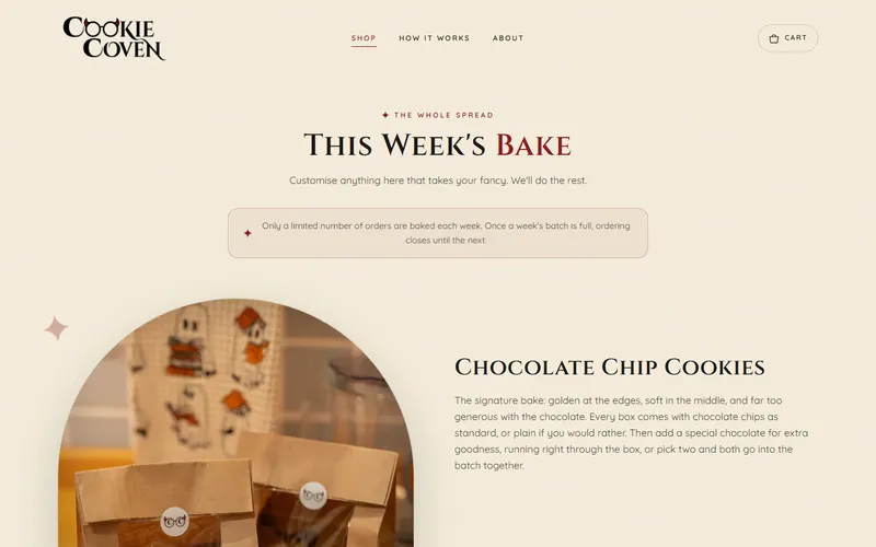 Cookie Coven shop page listing this week's bake