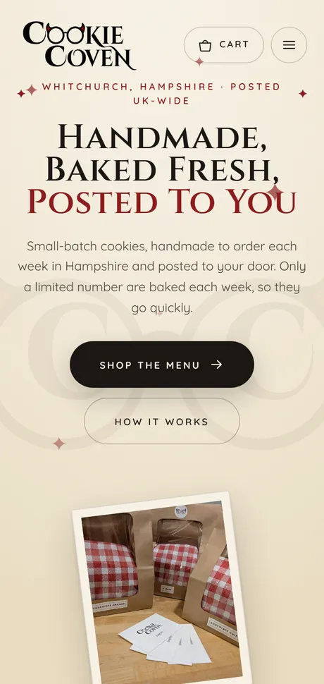 Cookie Coven home page on a phone
