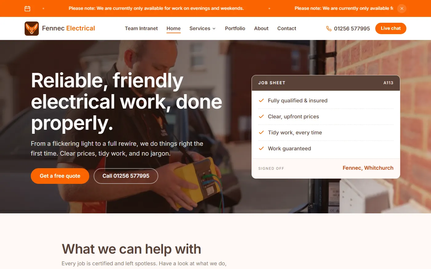 Fennec Electrical home page with the job sheet card beside the headline