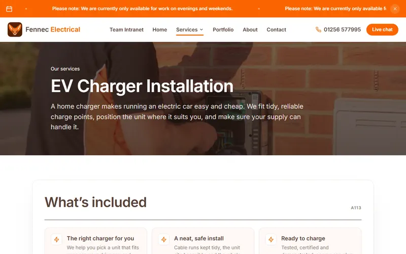 The EV charger installation page with its photo header and what is included