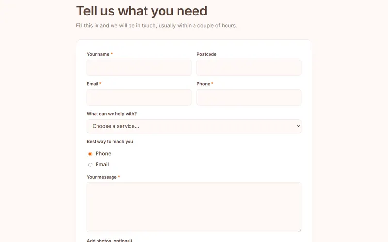 The enquiry form with name, postcode, email, phone and message fields