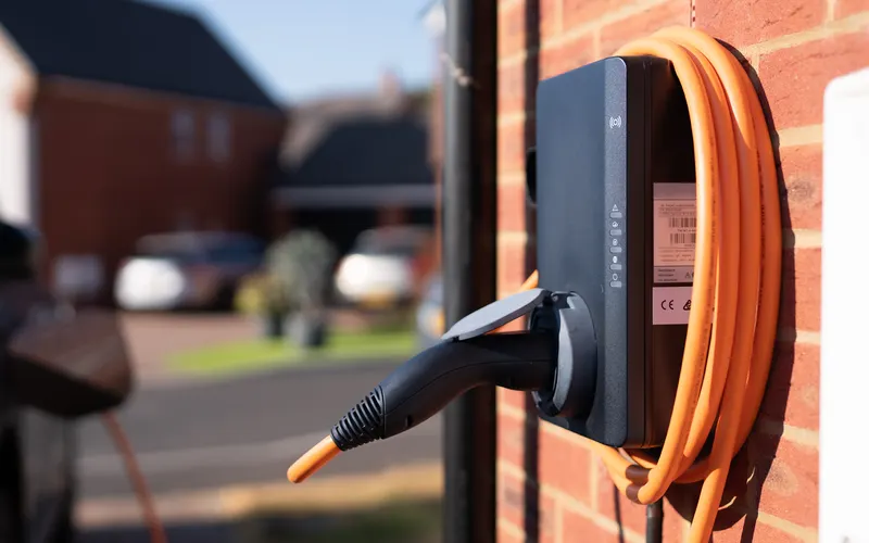 An EV charger on a brick wall with its orange cable coiled beside it