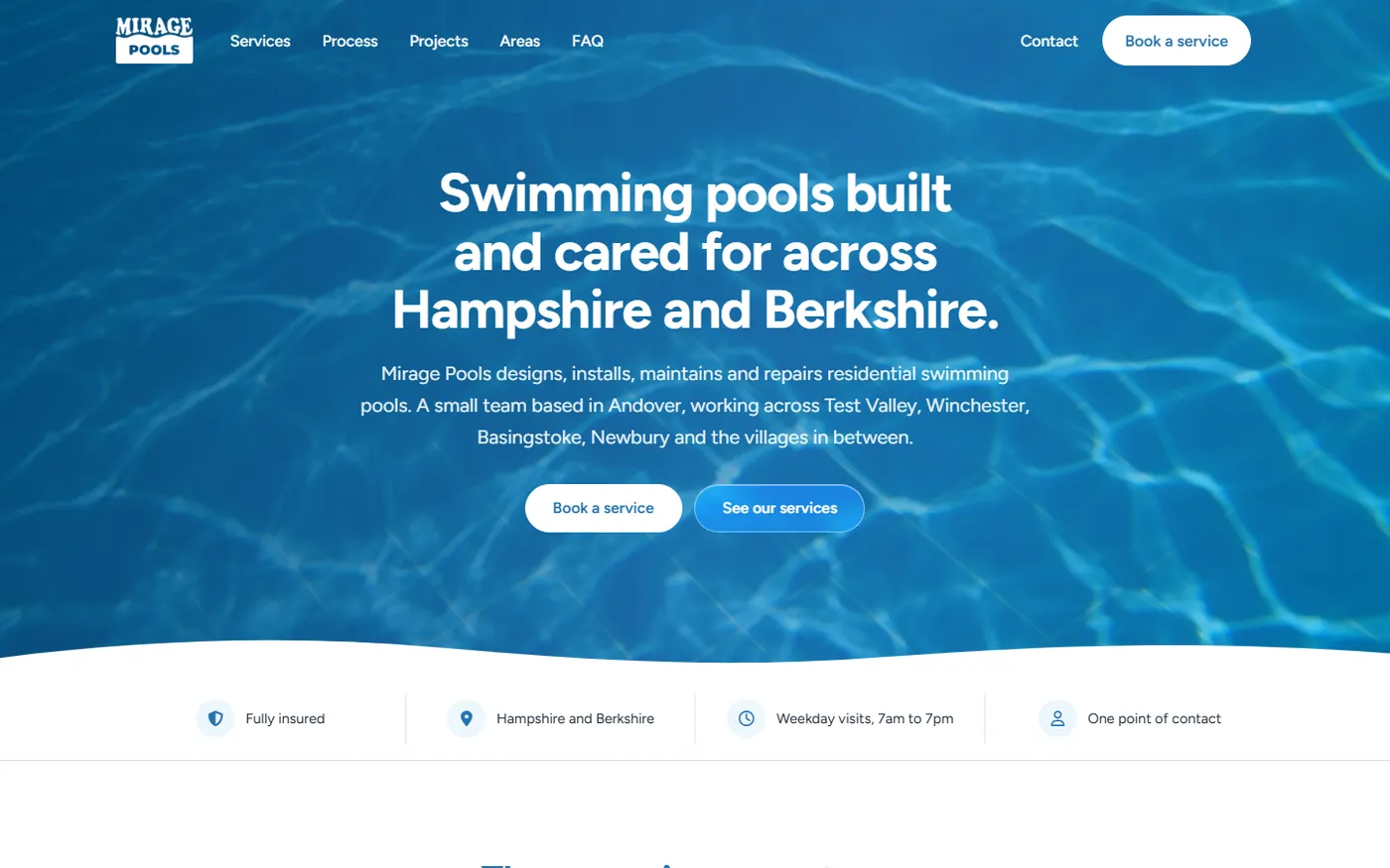 Mirage Pools home page with the pool photograph and glass buttons