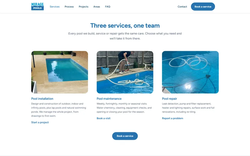 The three services, each with a photo and a short description