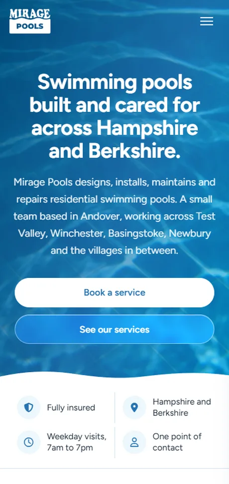 Mirage Pools home page on a phone