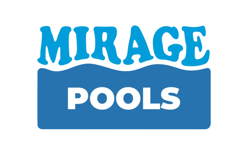 The Mirage Pools logo: Mirage in wavy cyan capitals above a blue panel with a wave along its top and Pools in white