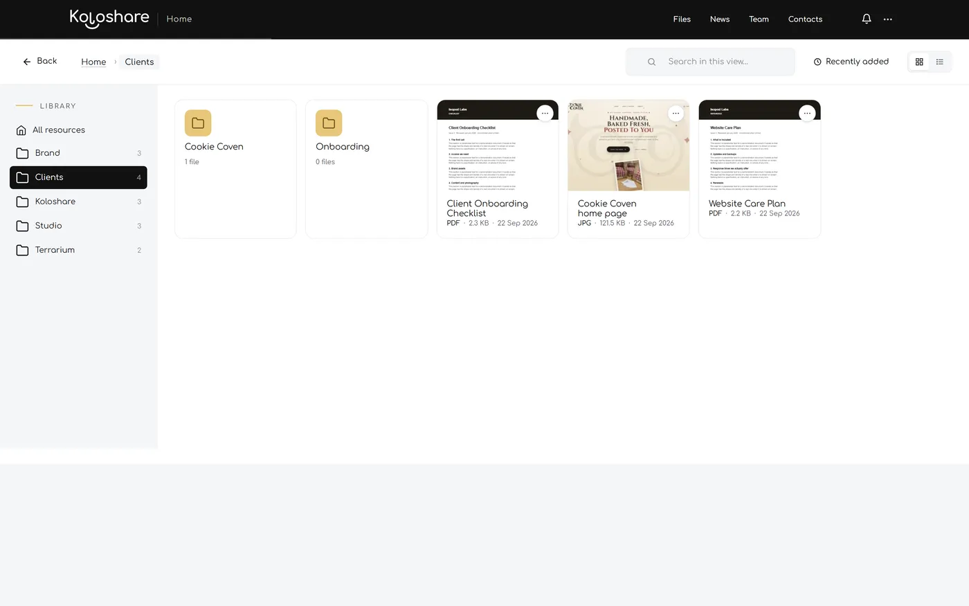 The Koloshare file explorer with a folder tree, document thumbnails and search within the view