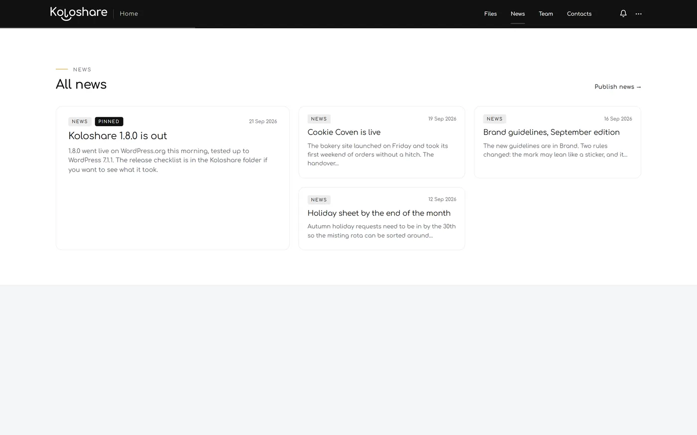 The Koloshare news feed with a pinned article and four more