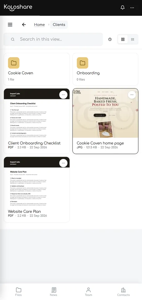 The Koloshare homepage and file browser on a phone