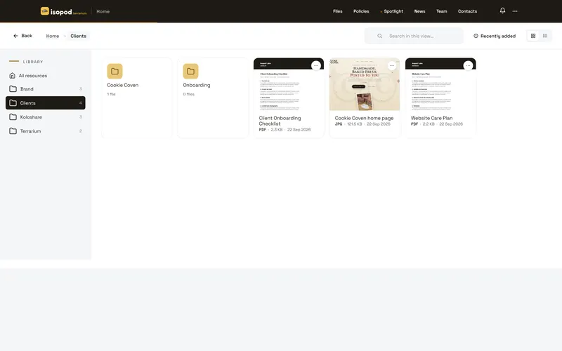 The Koloshare file explorer inside Isopod Terrarium, with a folder tree, PDF thumbnails and search within the view