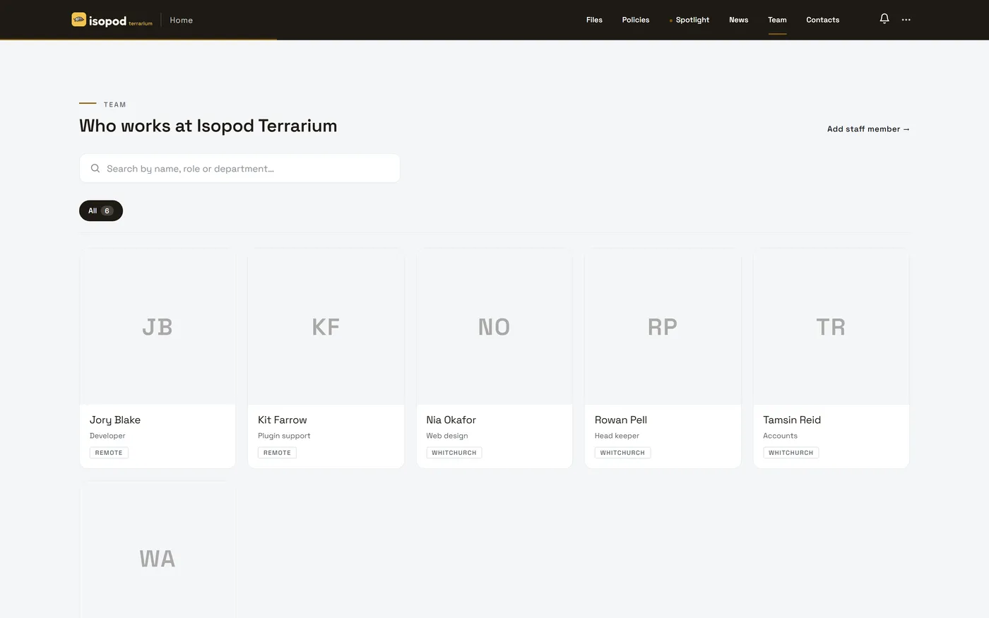 The Isopod Terrarium team directory with cards for six people, filtered by department